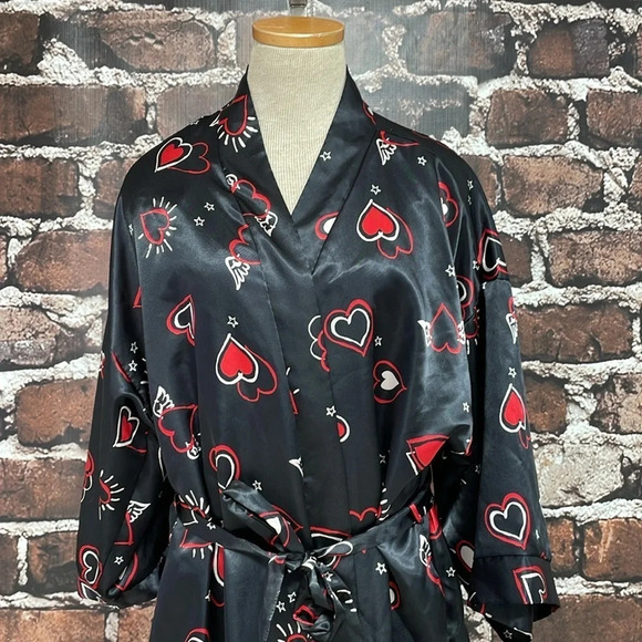 Dentelle Robe & Chemise Set Women's L Large Black Red Heart Pattern Slip Knee - Picture 6 of 17